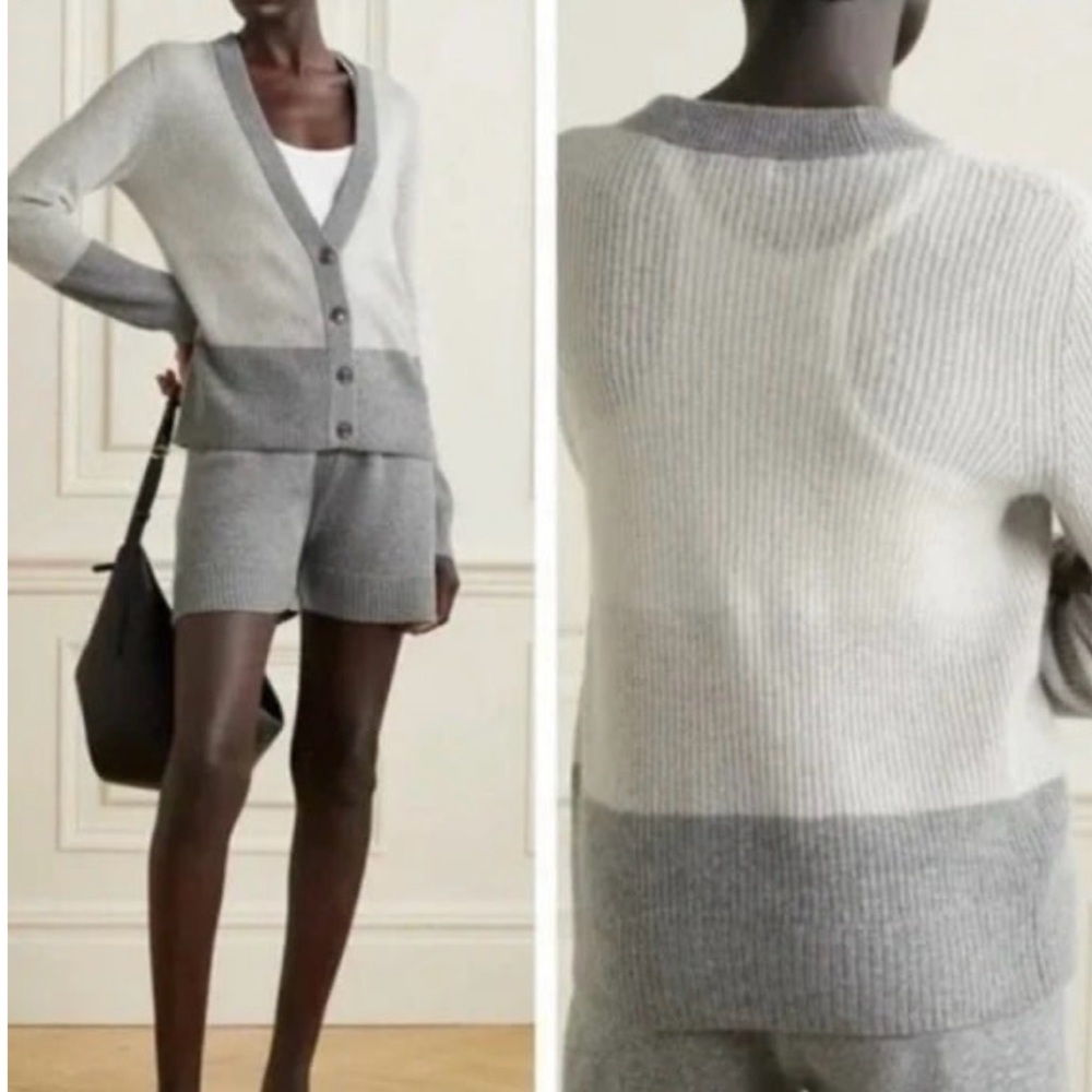 ATM Women's Medium 100% Cashmere Cardigan Sweater Gray Contrasting Trim Designer